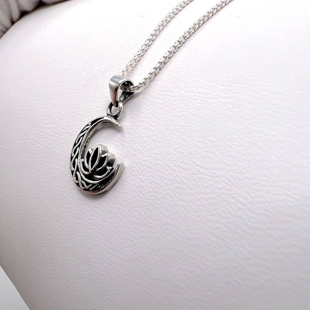 .925 Sterling Silver Moon and Lotus Flower Necklace - Picture 8 of 16